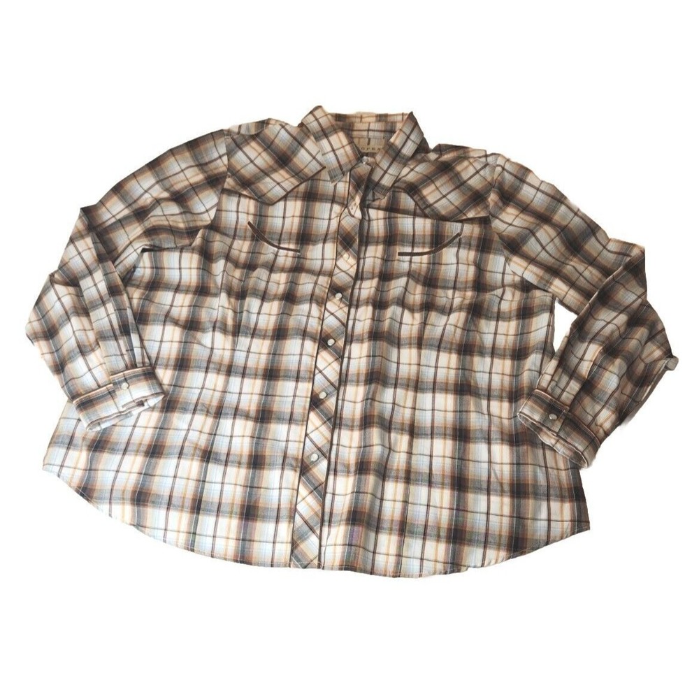 ROPER Shirt Womens 2X Plus Size Western Pearl Snap Button up Plaid Brown Welting